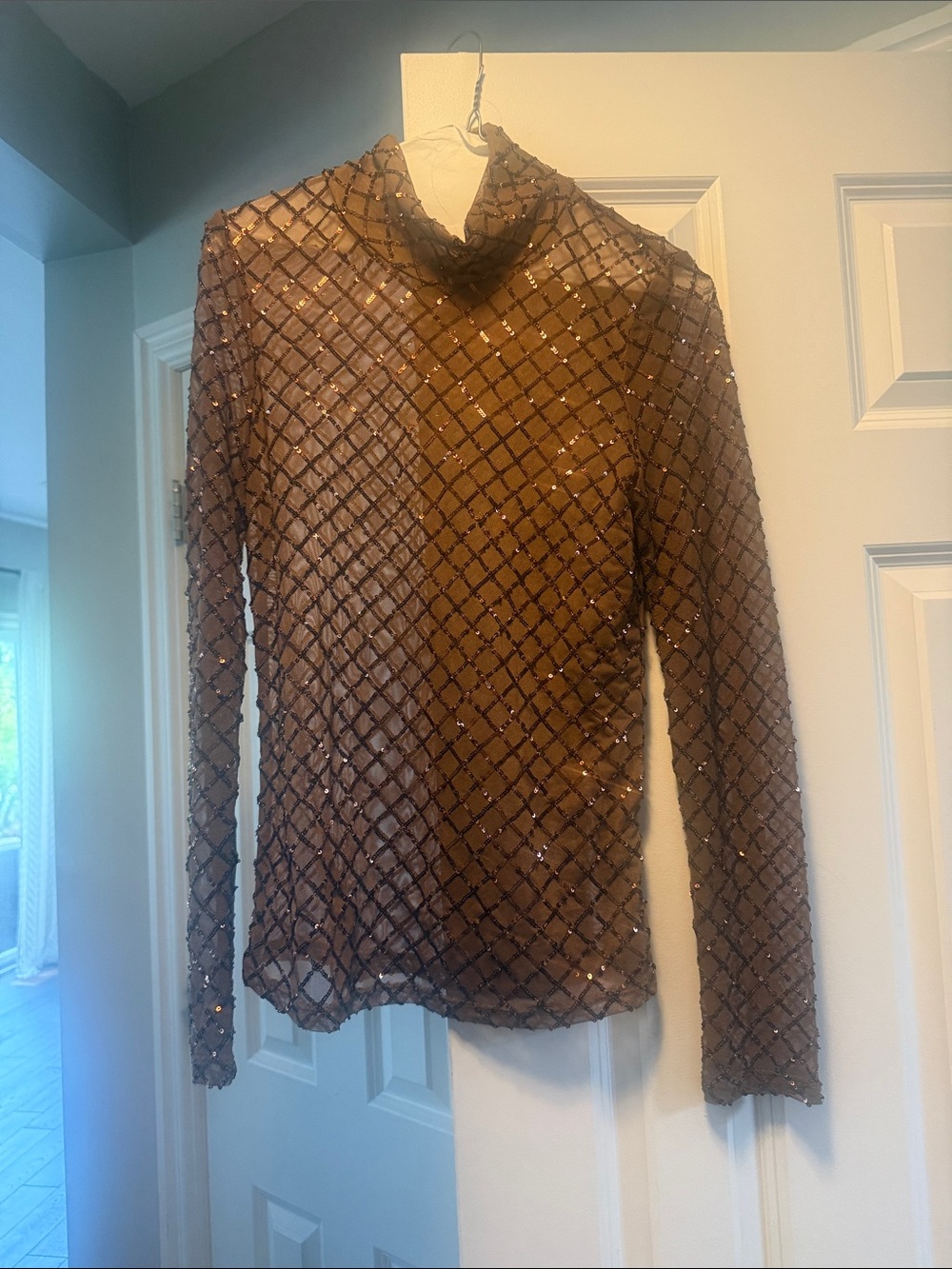 Pilcro Brown Sheer Sequin Grid Long-Sleeve Top